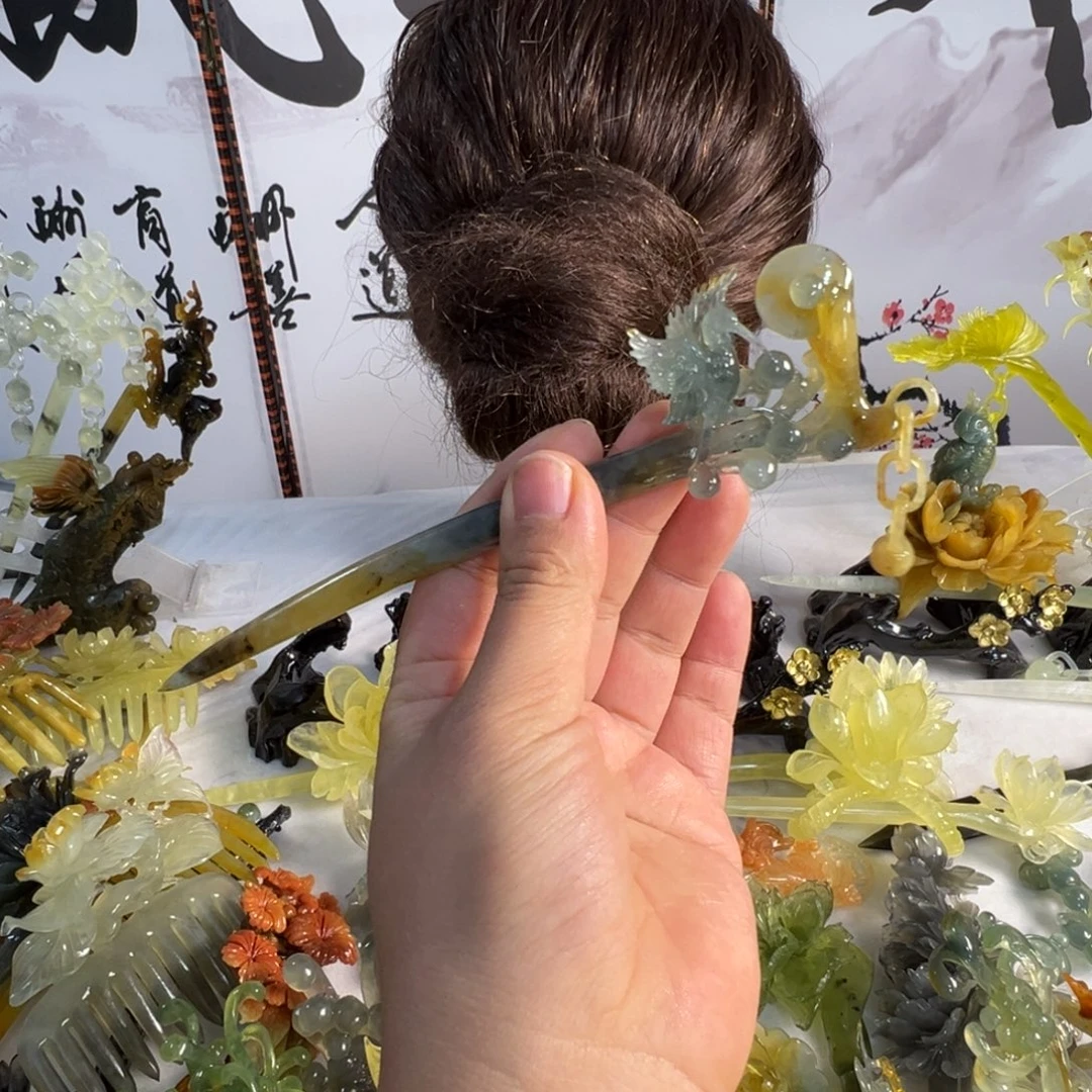 霜***霜定制蛇纹石玉毛货发饰