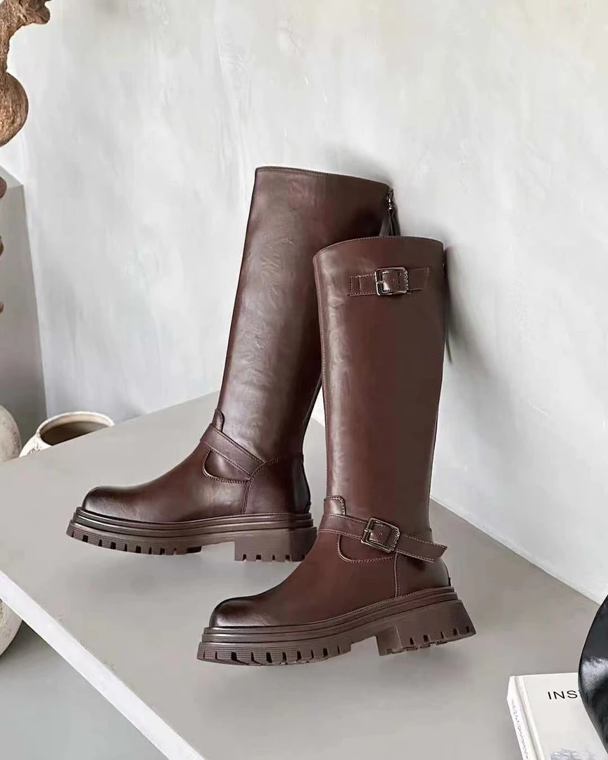 秋冬新款韩版通勤瘦瘦简约厚底裸靴长靴719-10(加绒)