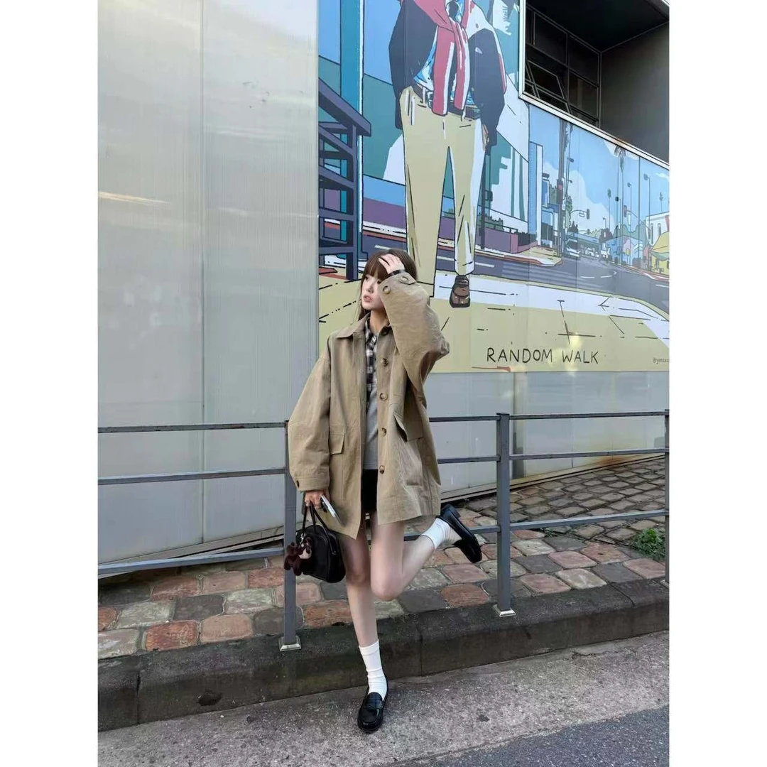 蘑糯糯【纸皱感+水洗】卡其色/藏青色风衣短外套 4252-0308