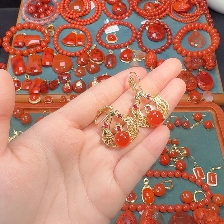 南红玛瑙银S925镶嵌耳环