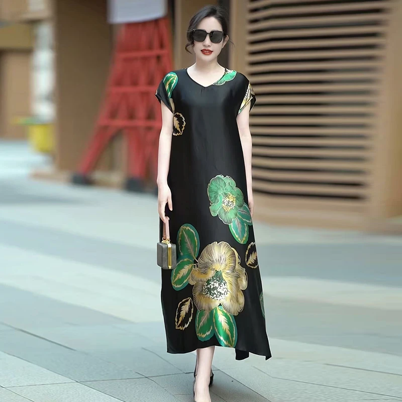 妍妍现货复古大码醋酸连衣裙夏新款宽松遮肉显瘦气质妈妈长裙子