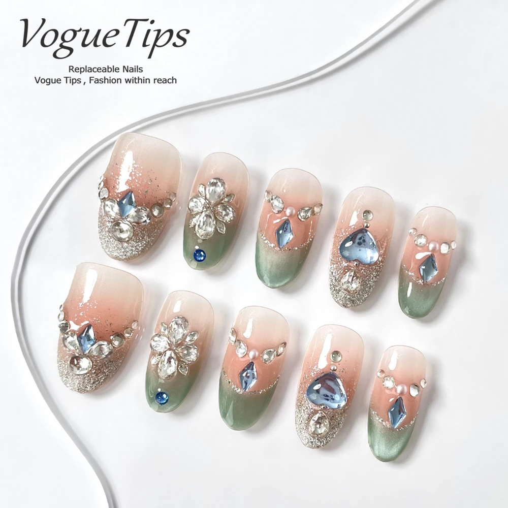 VogueTips 钻钻小桃手工穿戴甲ins风轻奢水钻假指甲片短椭圆ZB626