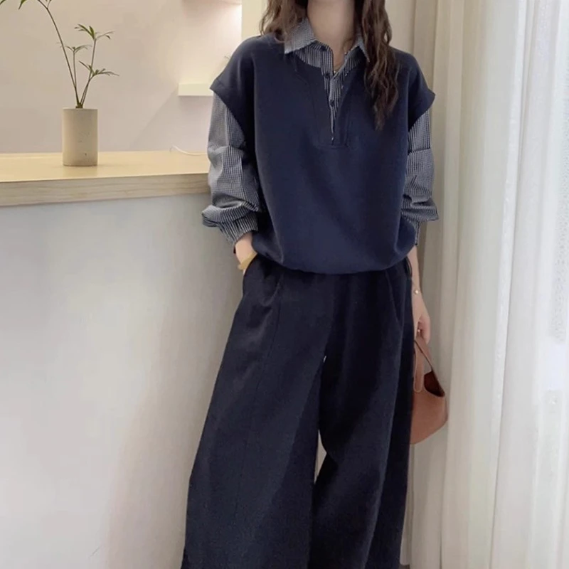 秋季大码女装胖MM独特漂亮假两件拼接格子长袖衬衫女宽松慵懒上衣