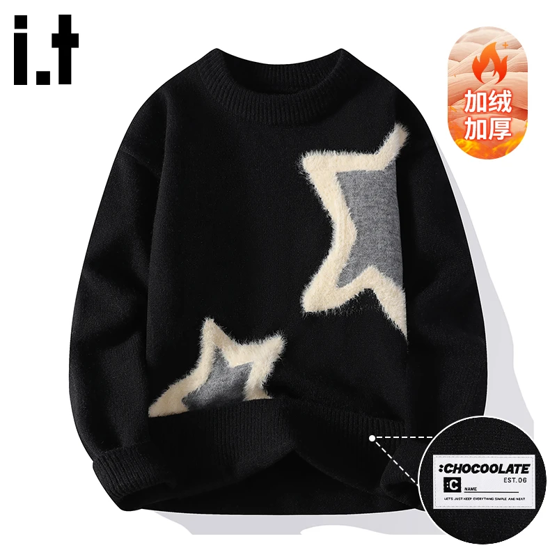 it :CHOCOOLATE设计感舒适套头毛衣男士秋冬加绒宽松慵懒风针织衫