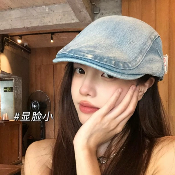 韩版复古水洗牛仔前进帽女春夏百搭大头围显脸小反戴鸭舌贝雷帽子