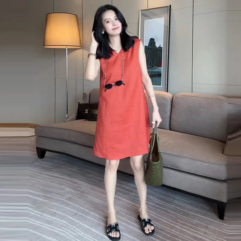 气质v领无袖背心连衣裙女夏季韩版小个子显瘦宽松纯色简约a字裙子