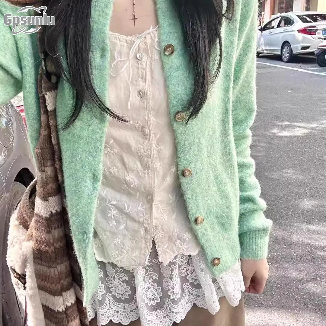 gpsunlu薄荷绿色复古卷边针织开衫毛衣外套女新款学生毛衣开衫