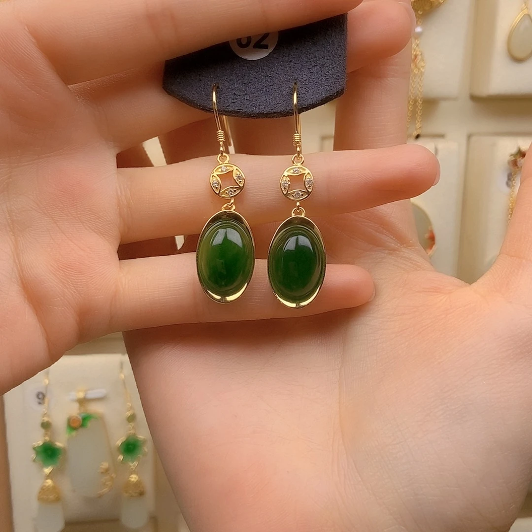 和田玉银S925镀金镶嵌耳饰