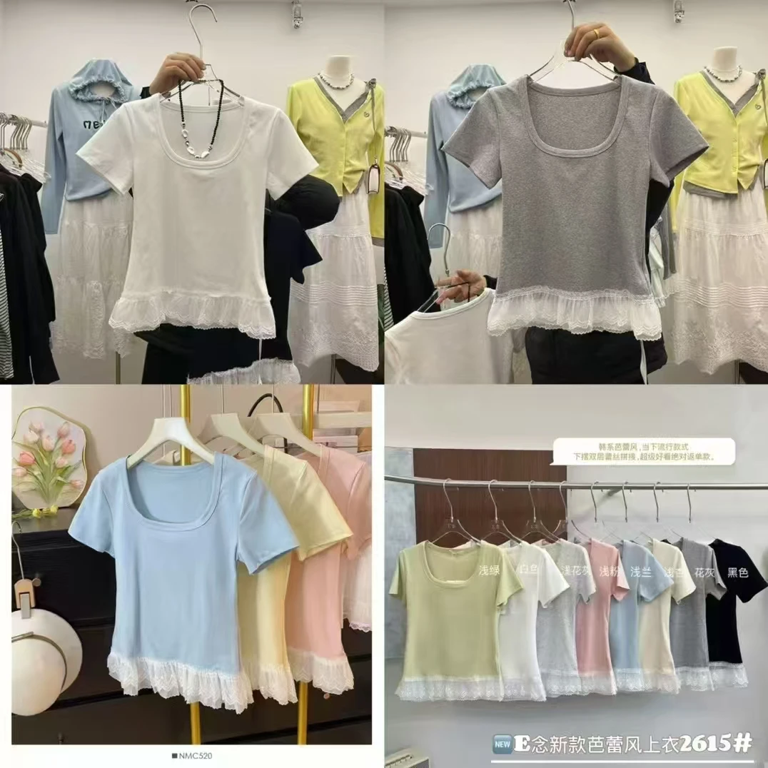 胖妹妹蕾丝花边拼接u领短袖t恤女夏季甜美修身显瘦设计感上衣3610