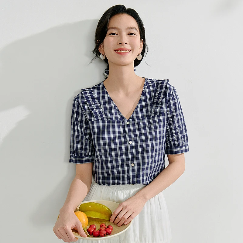 【欧若智性风】2025春夏季复古格纹V领衬衫显瘦百搭纯棉衬衫