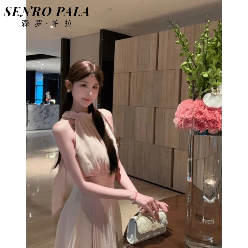 法式挂脖连衣裙女夏季高级感纯欲名媛气质宽松显瘦收腰无袖长裙子