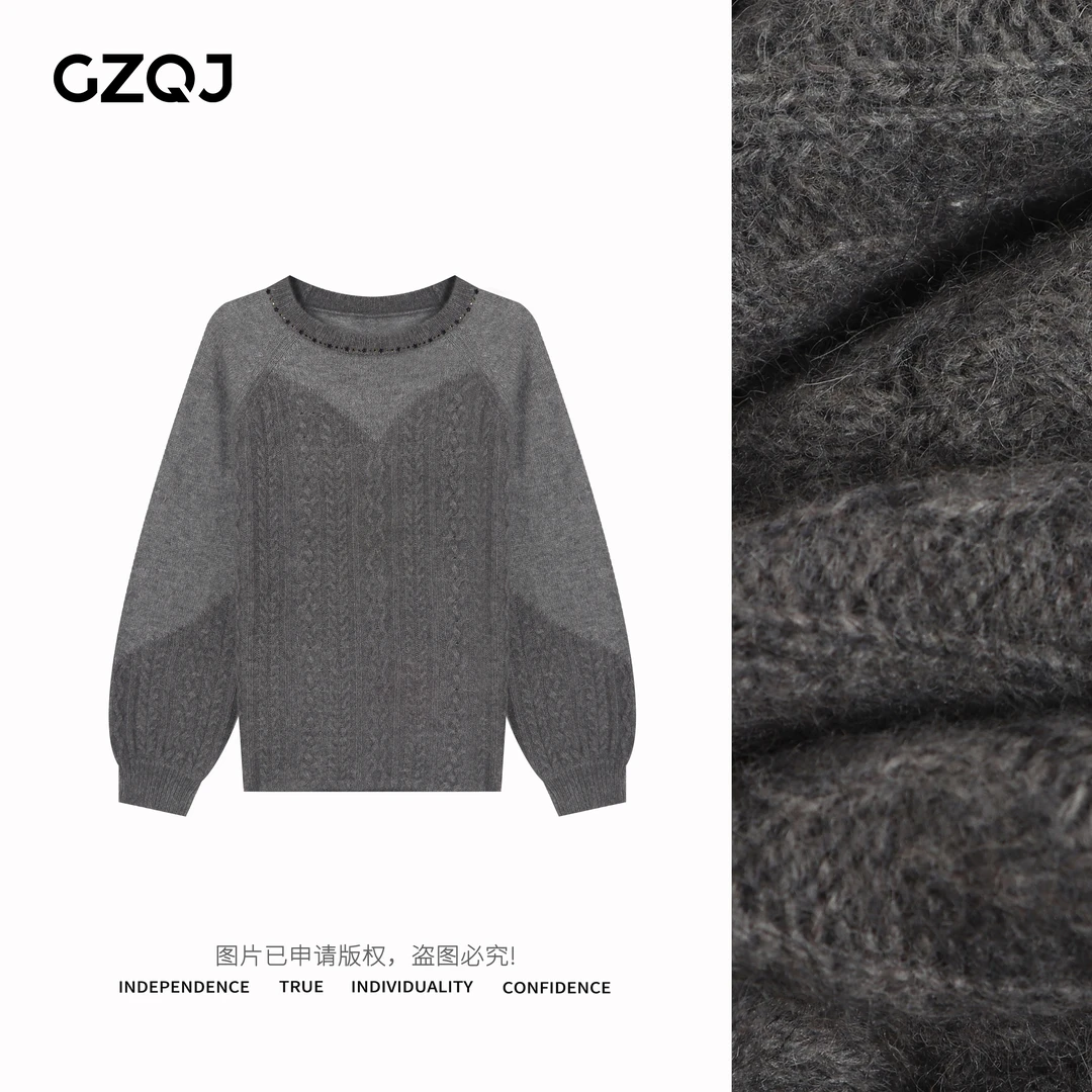 广州琴姐【氧气茶茶】软糯慵懒毛衣圆领长袖套头羊毛针织衫女冬7577