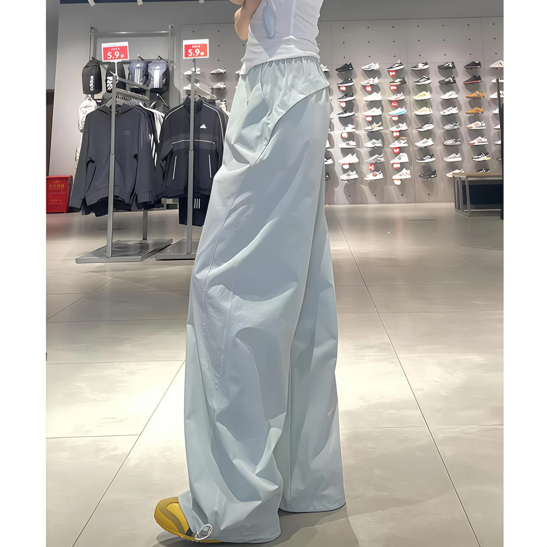 蓝色速干工装裤女夏季薄款2025新款宽松直筒休闲小个子阔腿运动裤