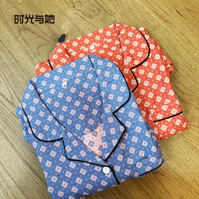 【时光家】全棉色织双层纱提花家居服休闲复古风睡衣套装
