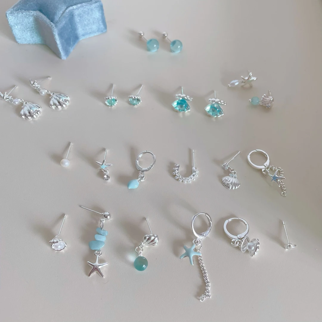 铜合金耳饰 D2062 S925银针原创设计蓝色海洋套装时尚百搭款