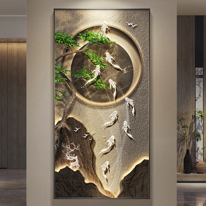 九鱼图玄关装饰画侘寂风高档晶钻走廊过道壁画现代轻奢入户门挂画