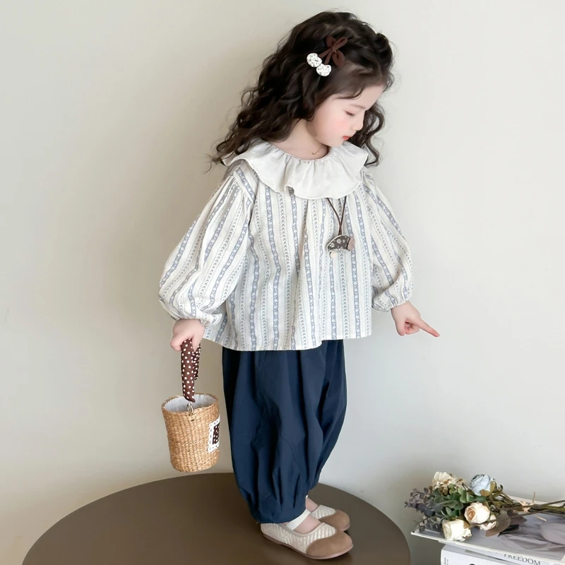 女宝春款套装2025新款女童春季法式花边领上衣阔腿裤两件套可爱甜