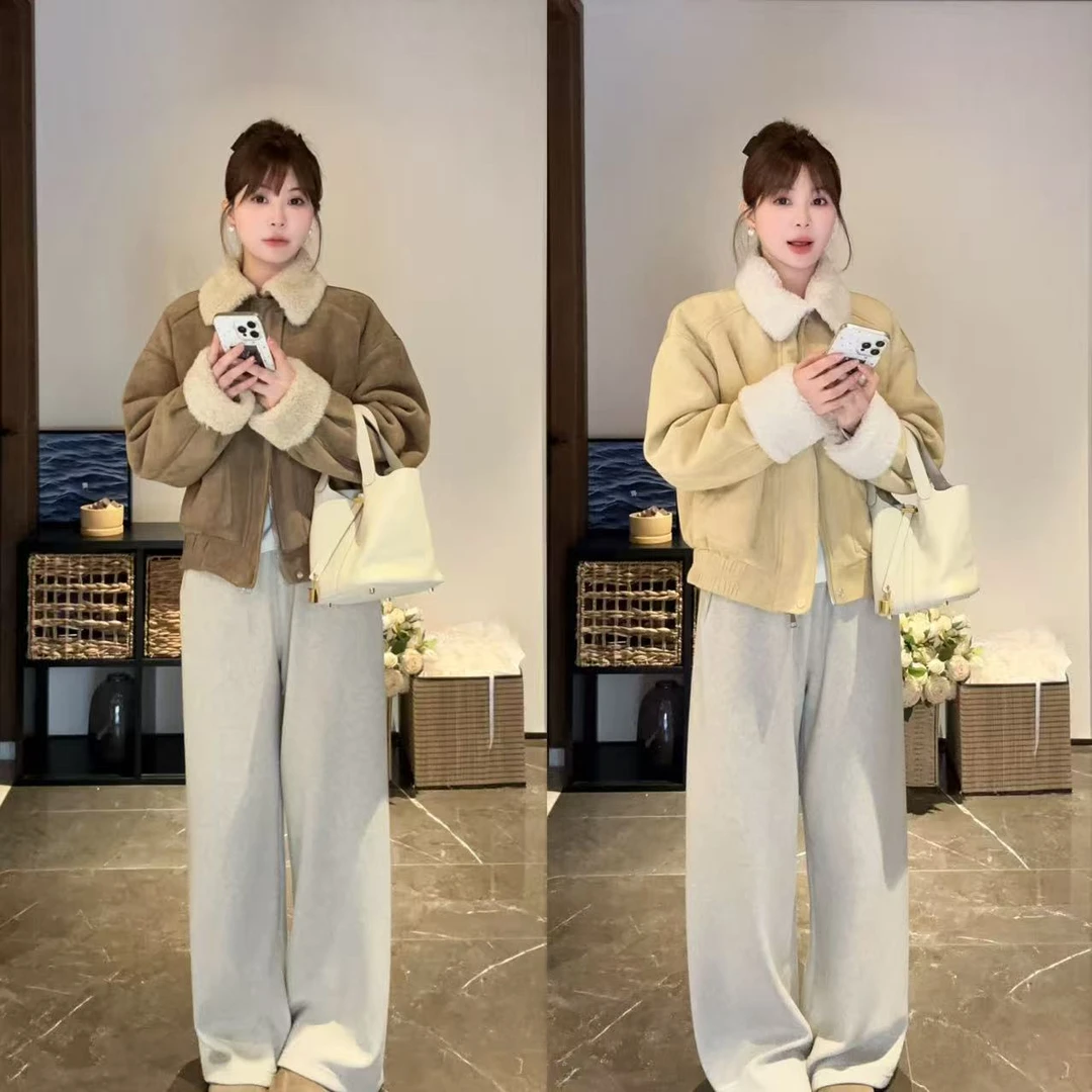 老钱风复古翻领麂皮绒短外套女冬季新款皮毛一体保暖
