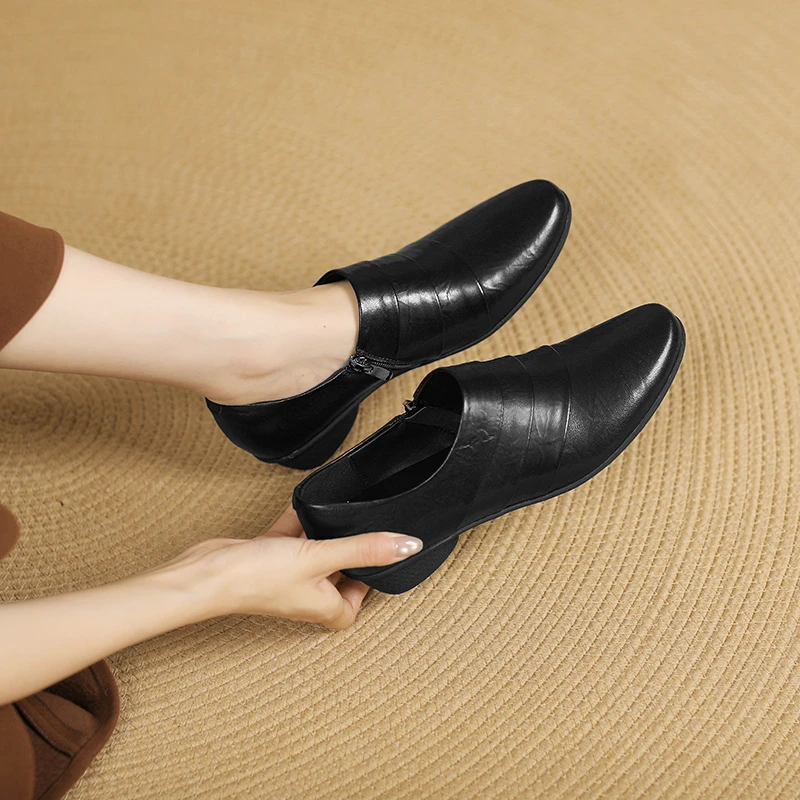 复古羊皮小皮鞋2025年新款秋季深口单鞋女舒适圆头软底通勤小跟鞋