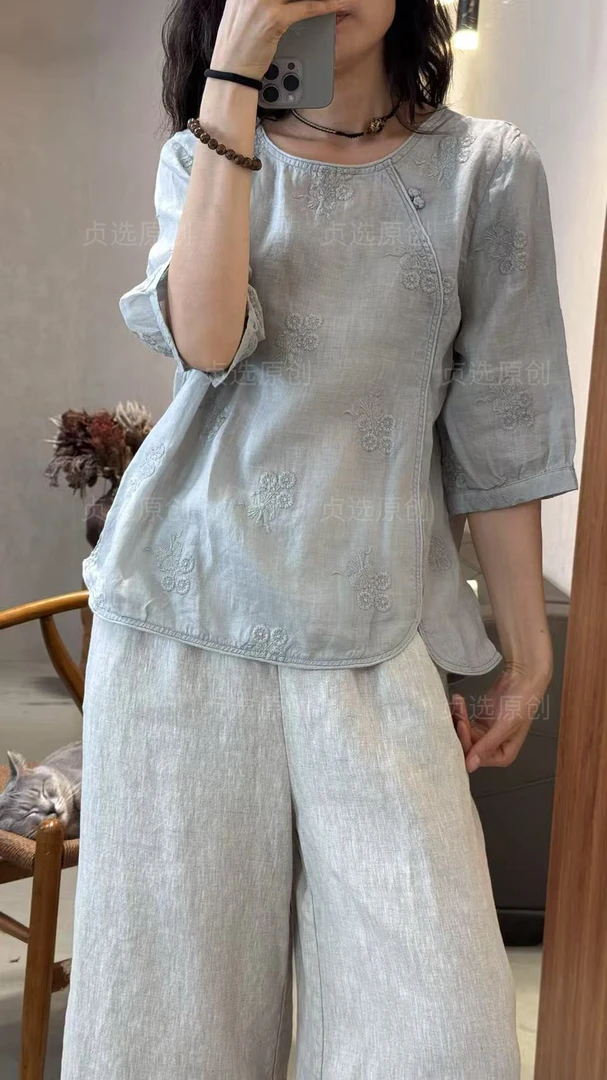 9597-中国风斜襟盘扣苎麻刺绣上衣禅意茶女夏季气质