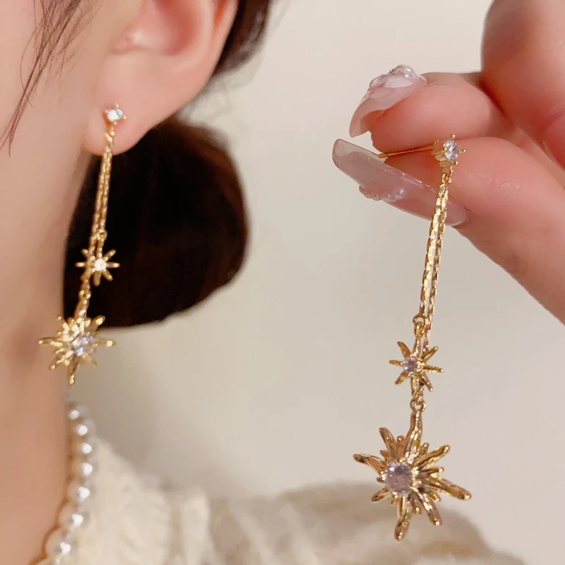 黄铜陶瓷耳饰 法式复古镶钻金属八芒星流苏耳坠女精致气质时尚百