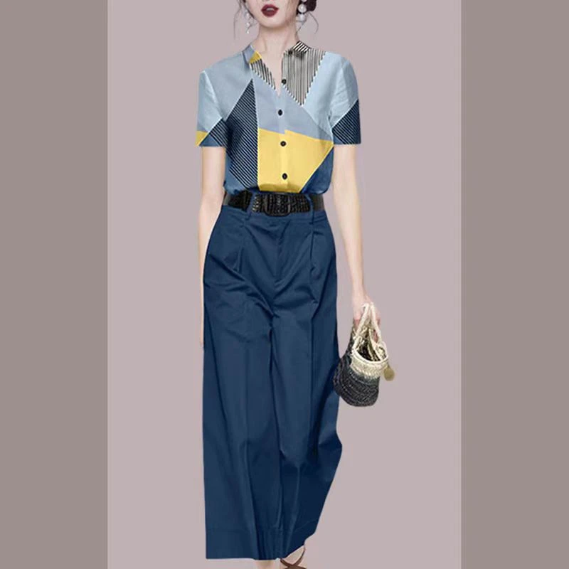 夏季2025年新款时尚休闲套装女印花衬衫阔腿裤显瘦两件套