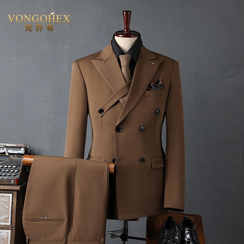 VONGOHEX西服套装男英伦风双排扣西装三件套商务正装新郎结婚礼服