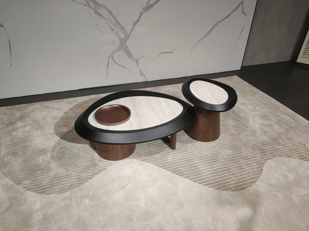 可耐磨法式可旋转玻璃工艺茶几意式简约极简大理石组合圆形家用