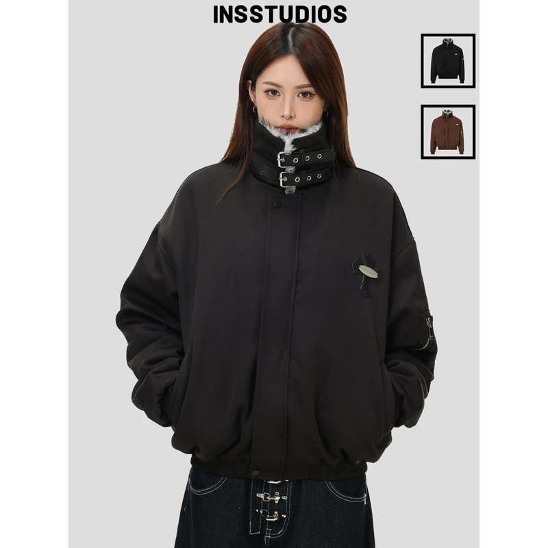 INSstudios 国潮美式「毛领座山雕棉服外套」宽松十字架加厚棉衣