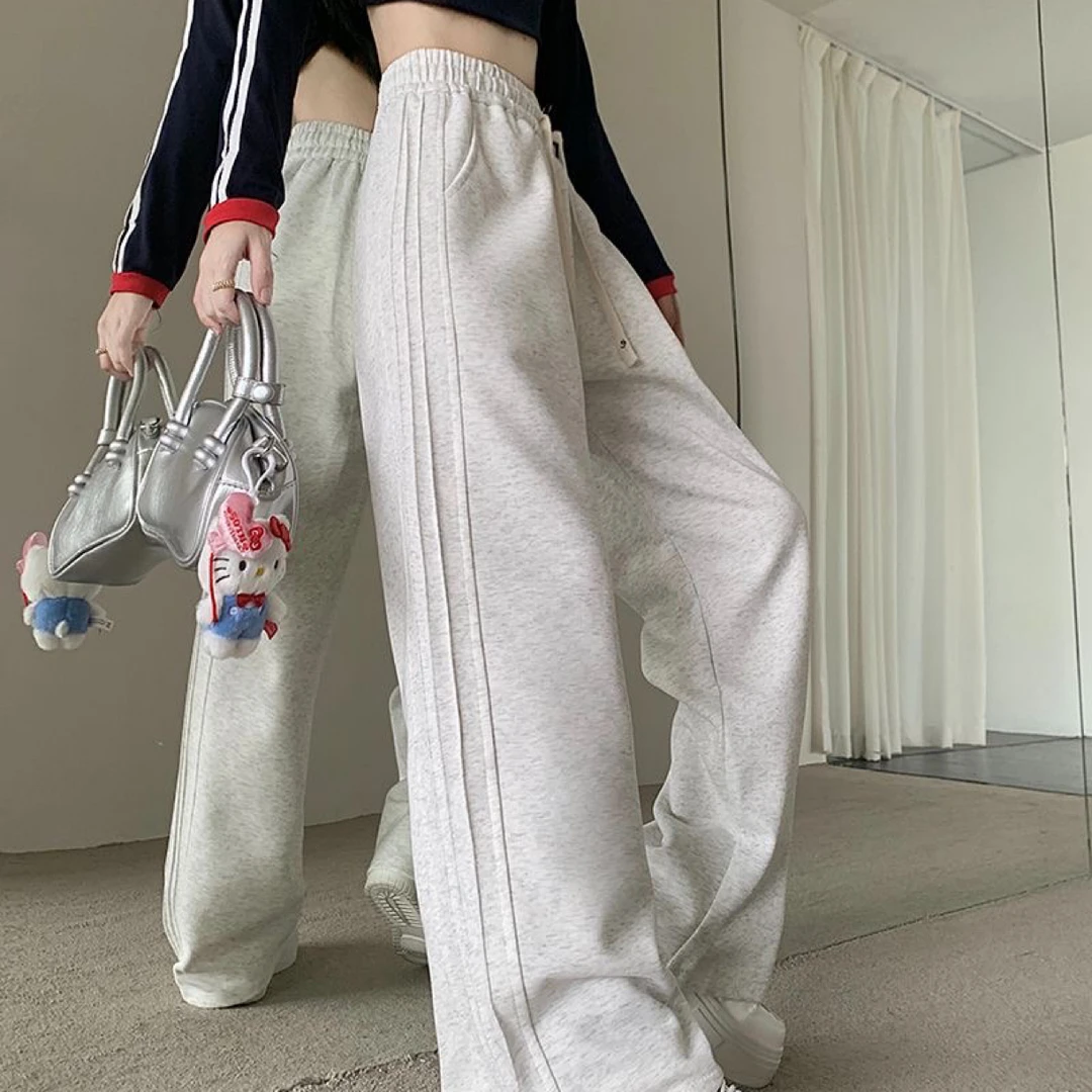 美式复古白灰色中腰直筒休闲卫裤女秋冬加绒宽松显瘦休闲阔腿长裤
