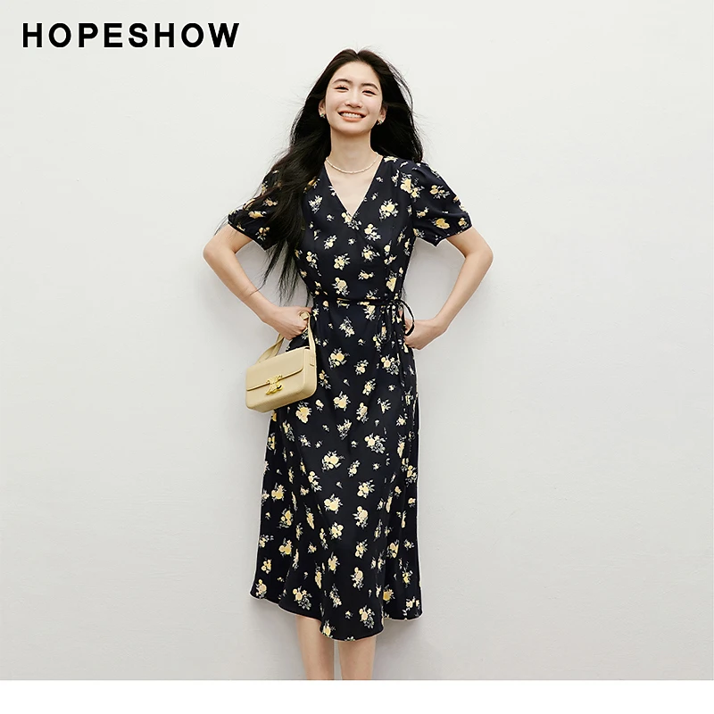 红袖2025夏季女装【邂逅】泡泡袖收腰V领套头茶歇裙90125111604