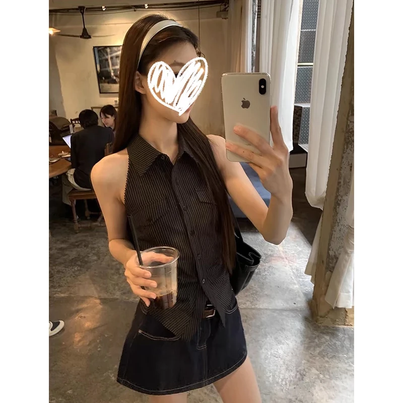 梦优莱时尚高级感条纹POLO领吊带背心女夏季爆款后背镂空修身上衣