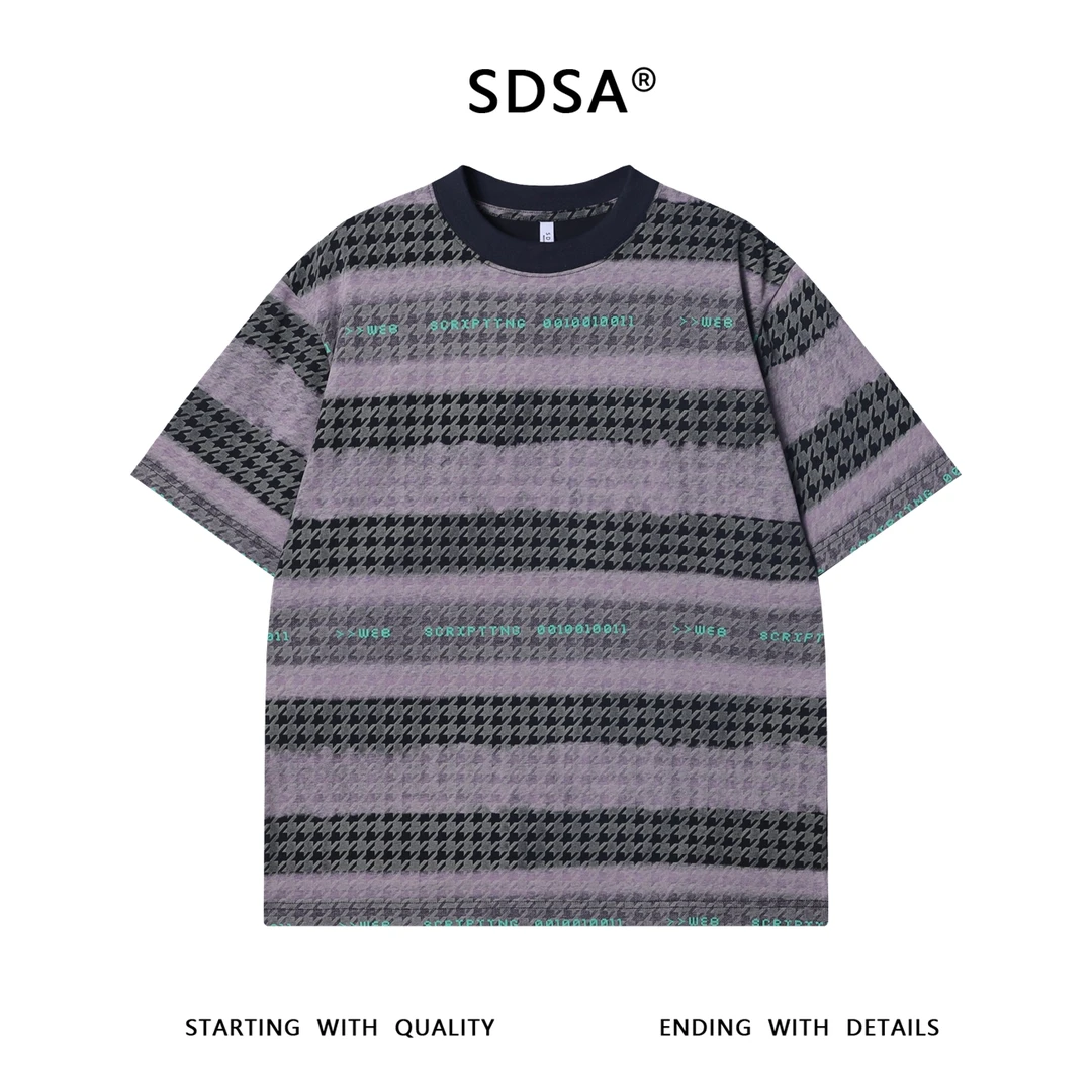 夏季高级感新款美式撞色提花条纹圆领短袖T恤字母印花百搭上衣