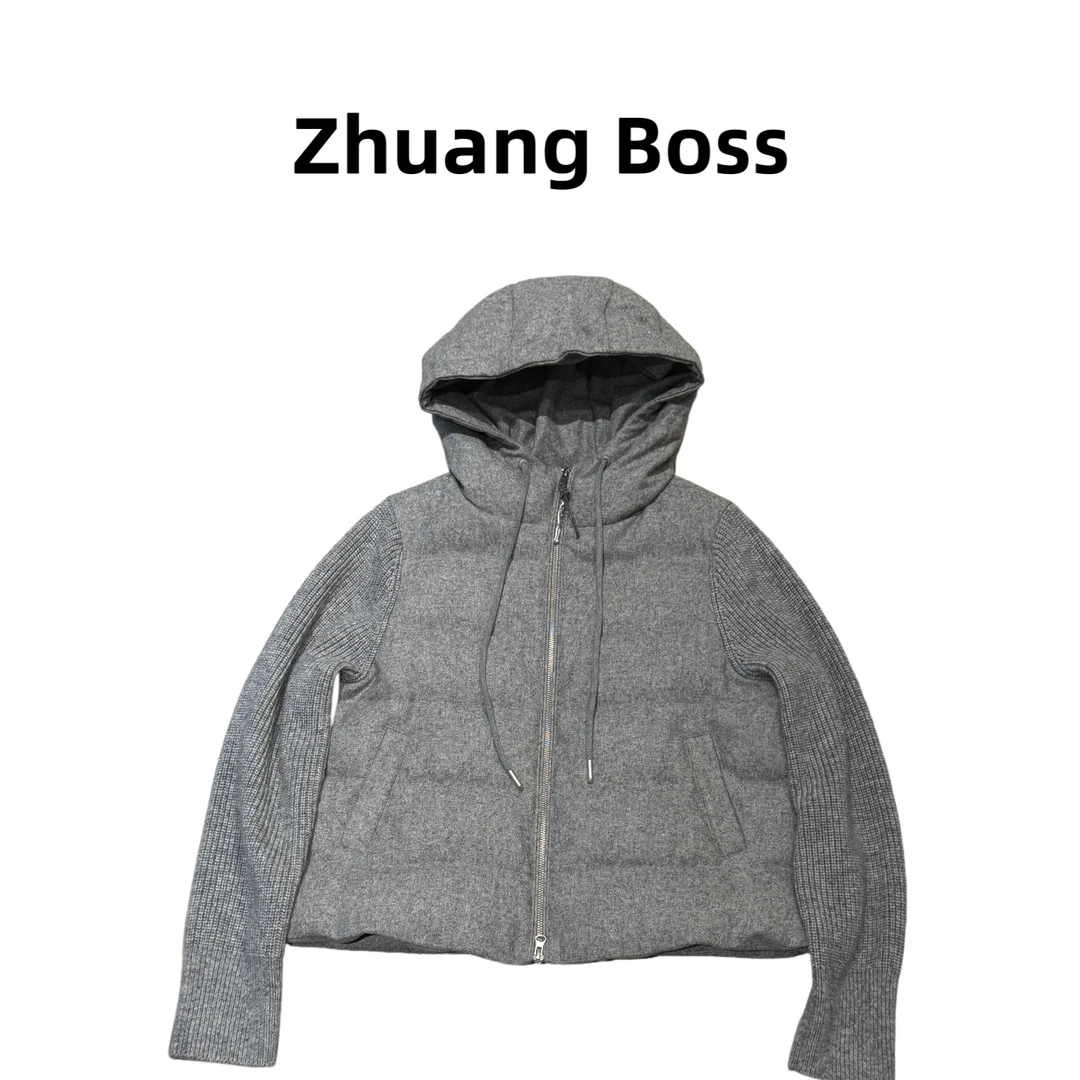 ZHUANG BOSS质感羊毛混纺拼白鹅绒气质显瘦复古连帽羽绒服