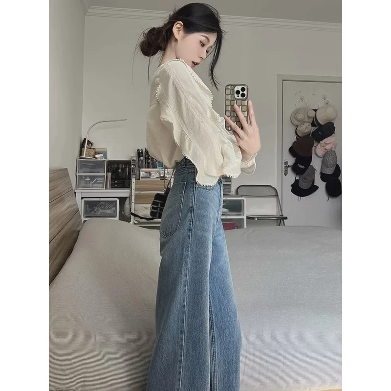 初秋季港风复古茶系穿搭一整套高级感小洋装衬衫牛仔裤两件套装女