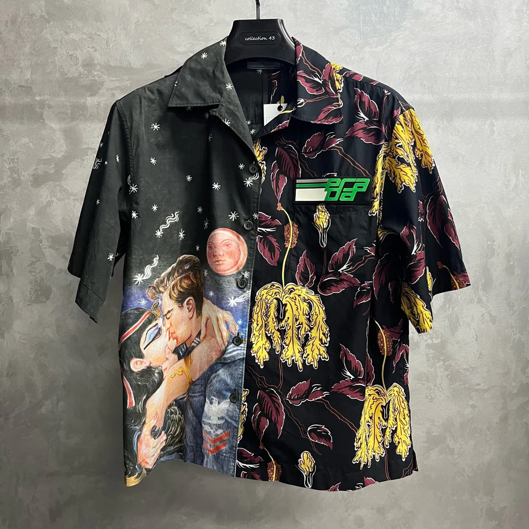 99新 Prada/普拉达 多色印花图案logo短袖衬衫/42码