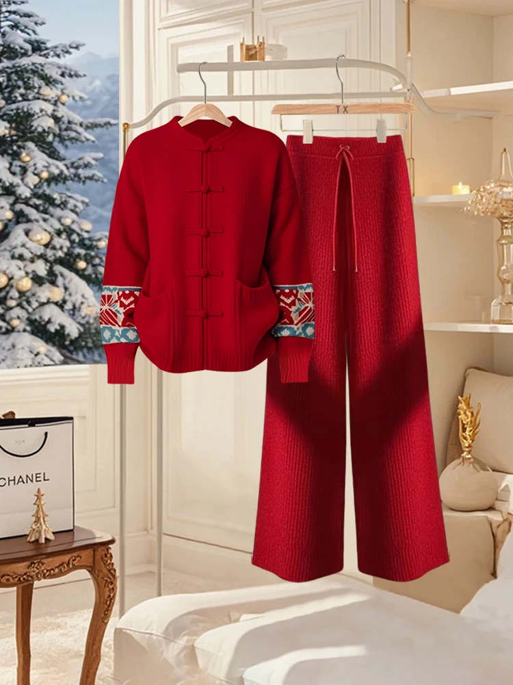2025新款新中式国风红色针织衫搭配高腰红色直筒阔腿裤两件套装女