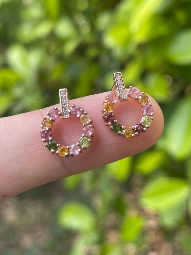 天然碧玺银镶镀金耳钉