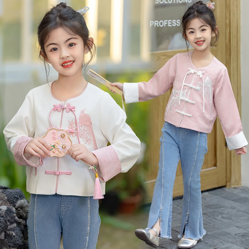 9735女童绣鹤上衣外套复古儿童国风盘扣长袖上衣