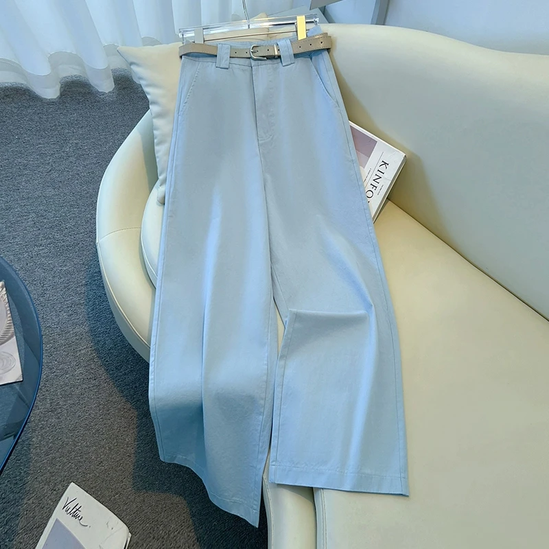 拉夏贝尔蓝色阔腿裤女夏季薄款2025新款爆款高腰宽松休闲直筒裤子
