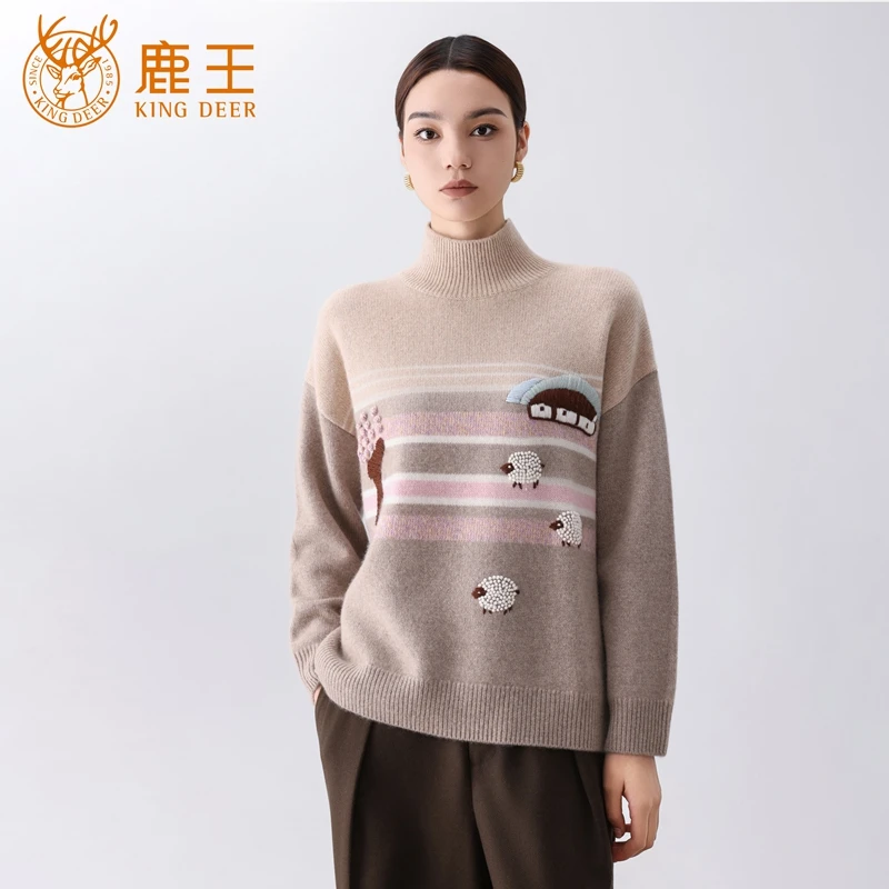 【设计师款】鹿王女高领100山羊绒重工手绣提花套衫 加厚 T0776