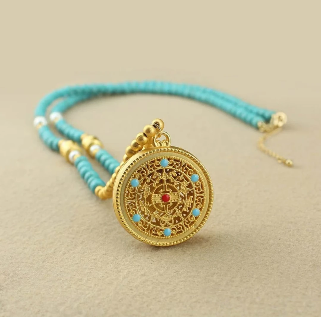 国风蓝色串珠圆牌吊坠项链高级感配饰ZD0337