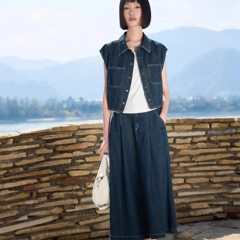 休闲百搭宽松韩版套装女2025夏季新款温柔蓝色上衣显瘦裙子两件套