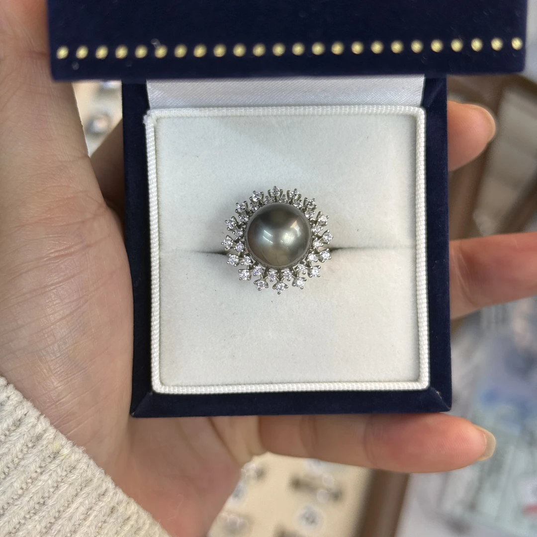 天然海水大溪地珍珠戒指.S925银 多样性可选11-12mm.正圆微瑕
