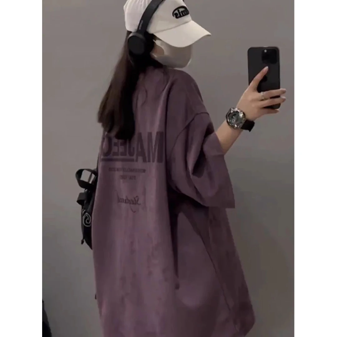 乌梅紫仿麂皮绒重磅短袖t恤男夏季情侣美式潮牌大码宽松五分半袖