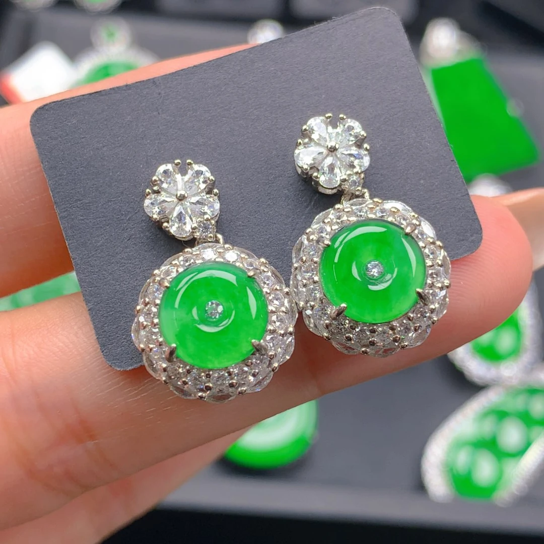 翡翠银S925镶嵌耳钉翡翠