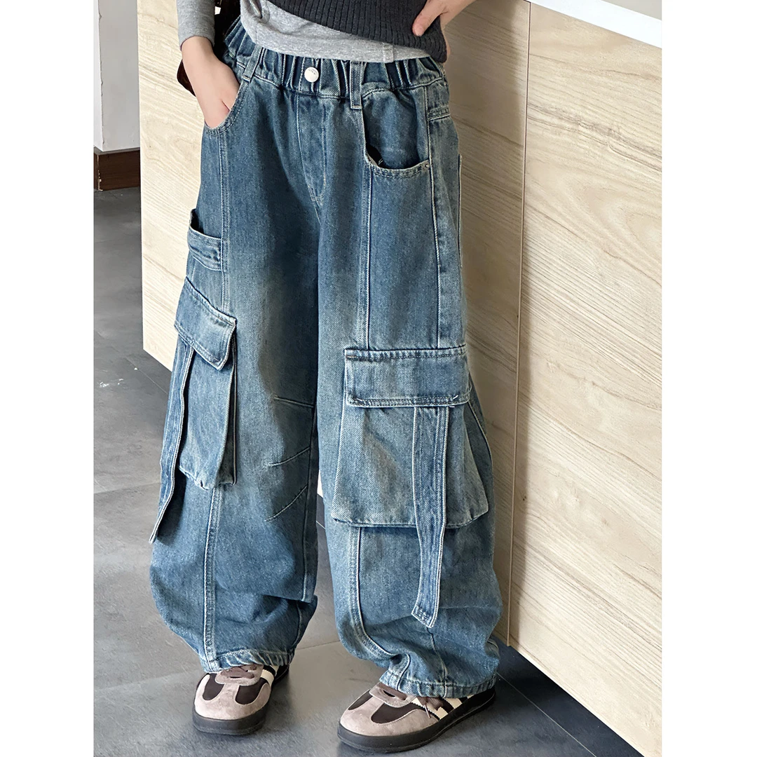 K29565潮流女童工装裤秋装儿童裤子2025新款春秋女大童休闲牛仔裤