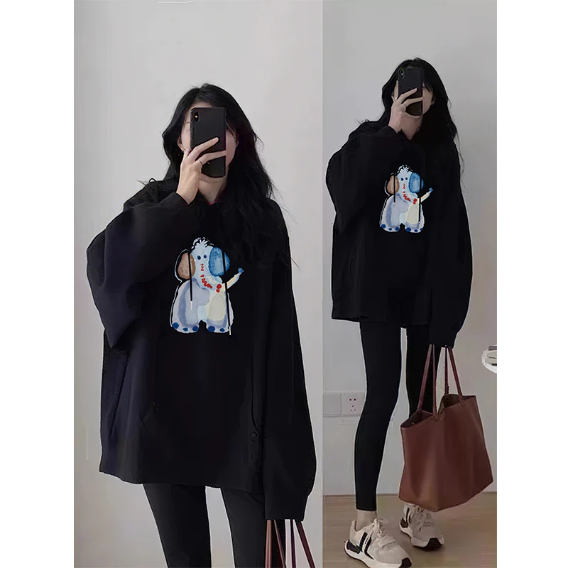 黑色大码连帽卫衣女秋冬季韩版时尚洋气小象印花套头中长款外套潮
