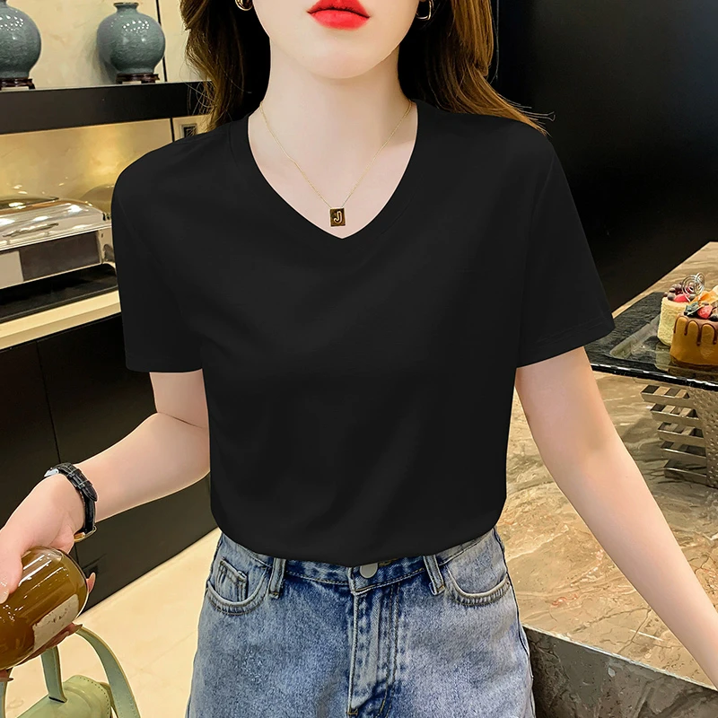 2025新款莫代尔短袖女夏季短袖V领大码胖mm宽松t恤女装显瘦上衣潮