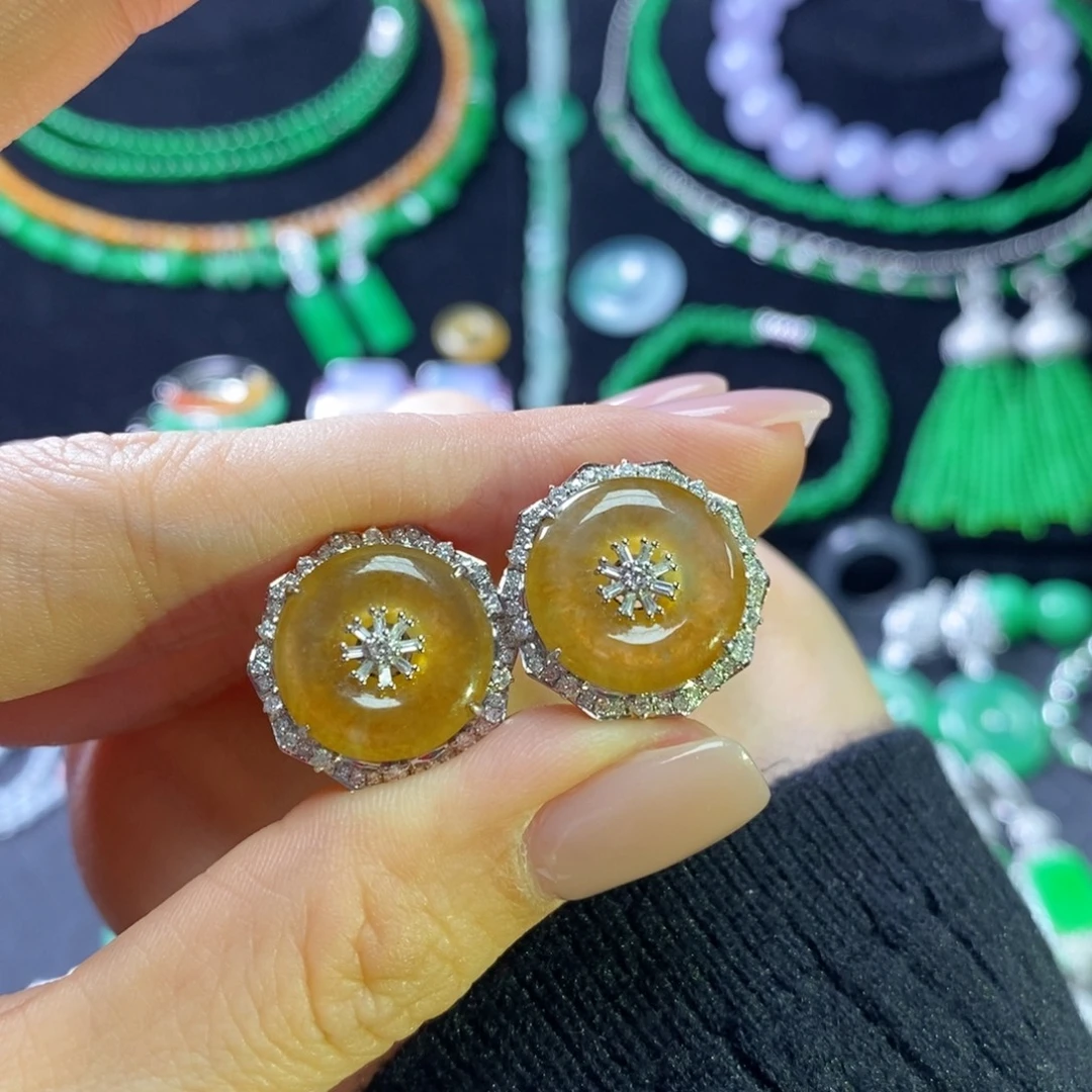 翡翠18K金镶嵌耳饰高冰黄翡甜甜圈